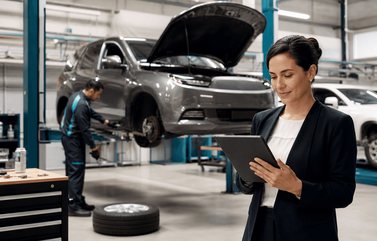 Automotive service advisor reviewing a schedule in a workshop
