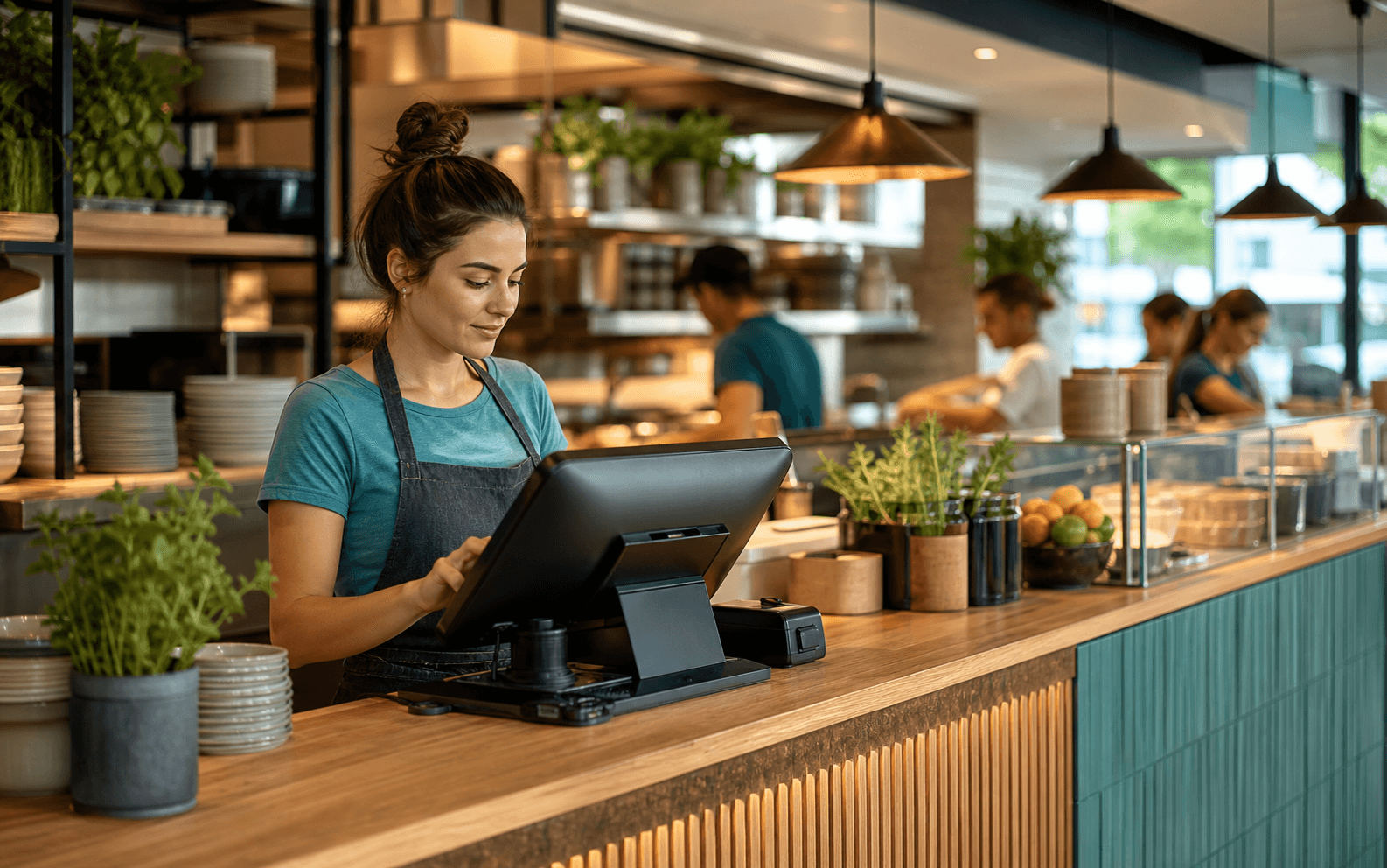 Restaurant staff member entering an order at a point-of-sale terminal