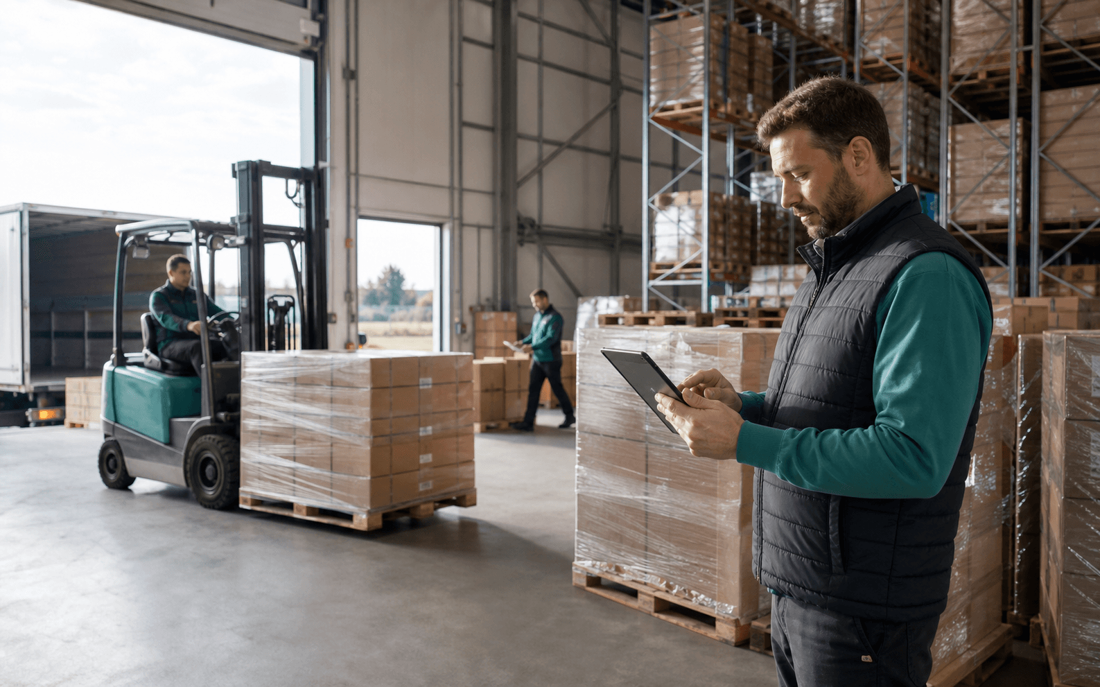 Logistics worker managing shipments in a distribution warehouse