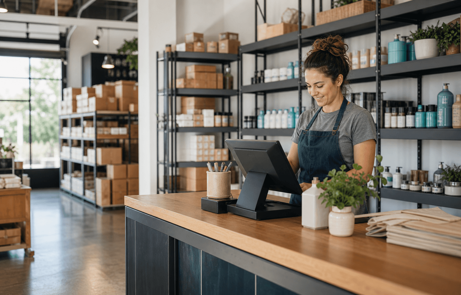 Retail operator working at a point-of-sale counter