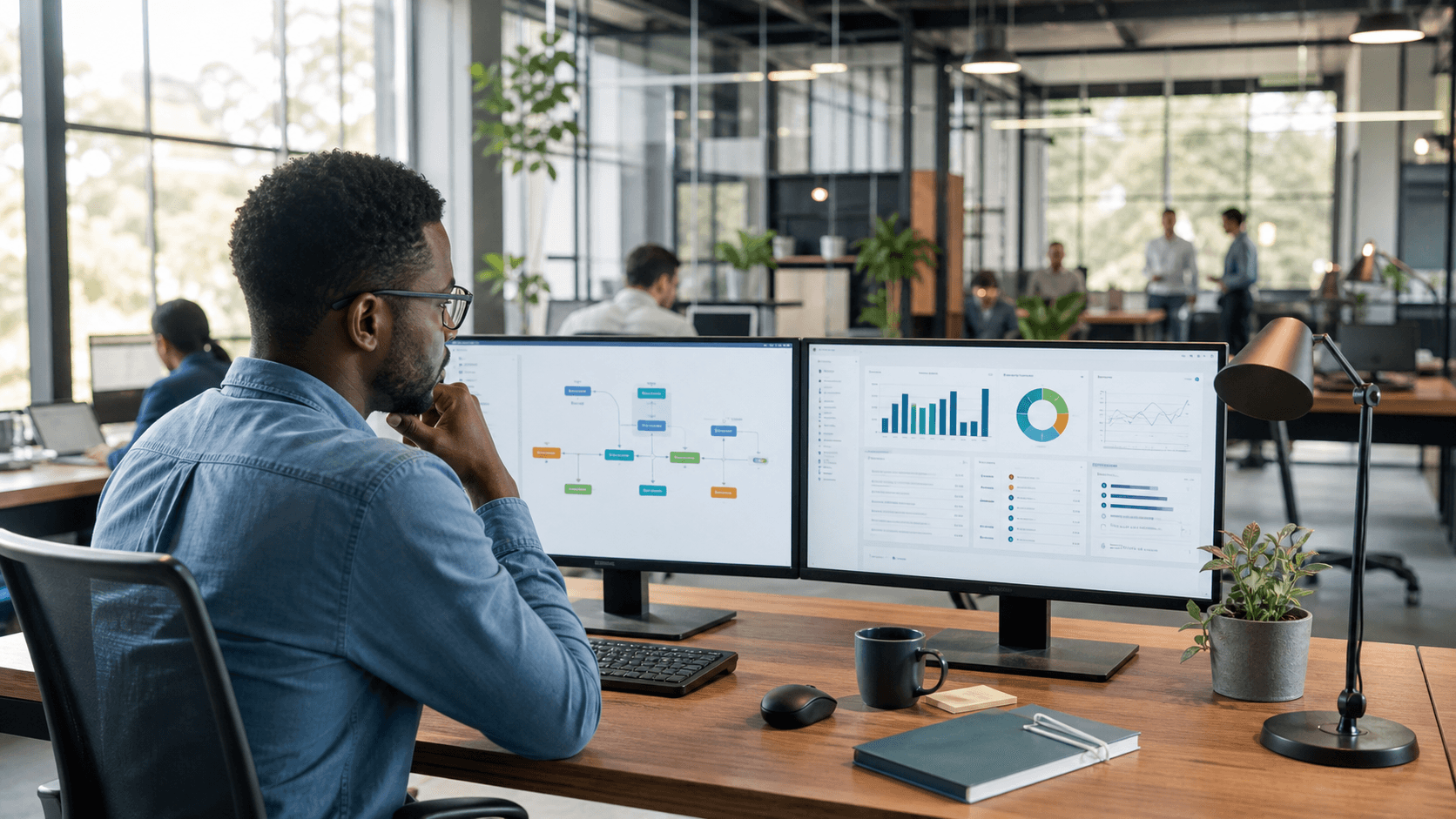 Operations analyst reviewing automated workflows and reports