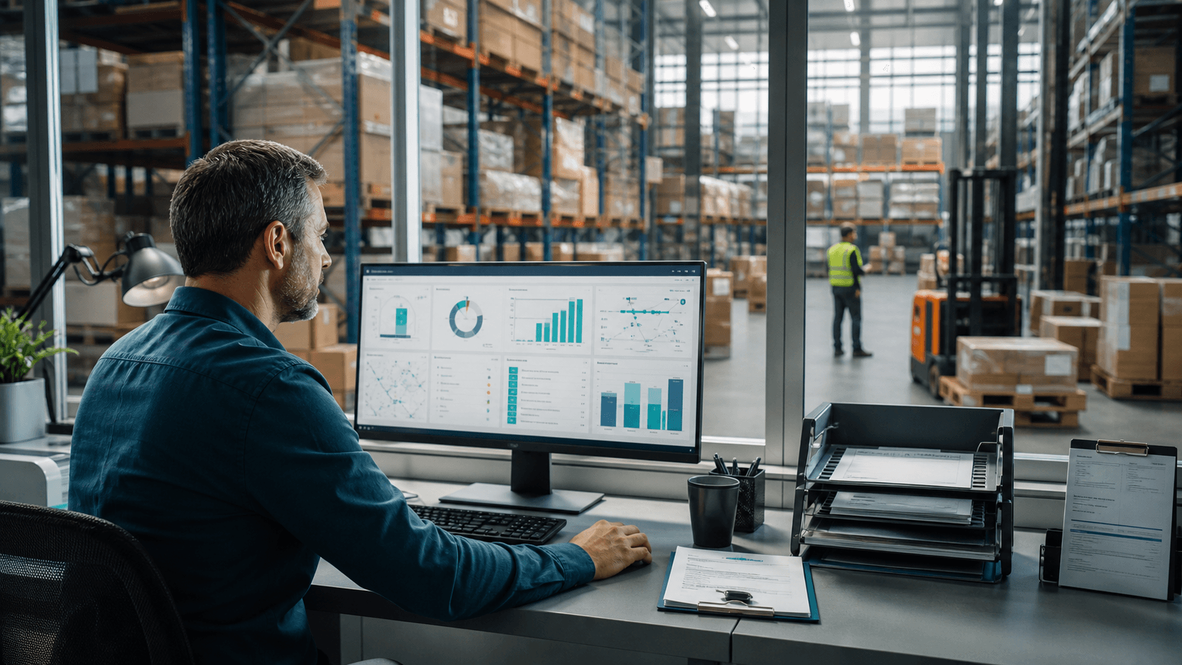 Operations manager reviewing warehouse and inventory data