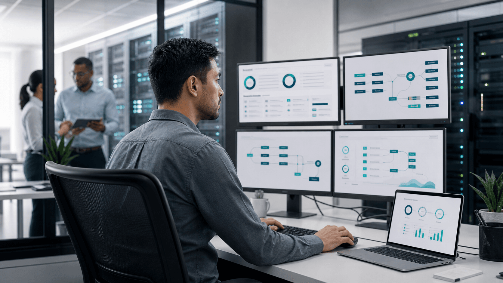 Systems specialist monitoring connected business applications